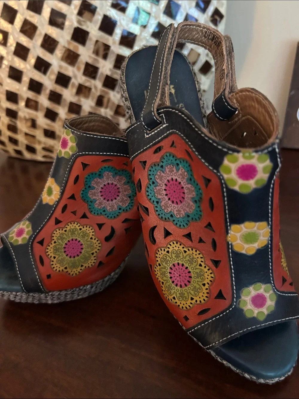 L'ATISTE Navy and Rust Floral Cutout Wedge Sandals.  Worn once.